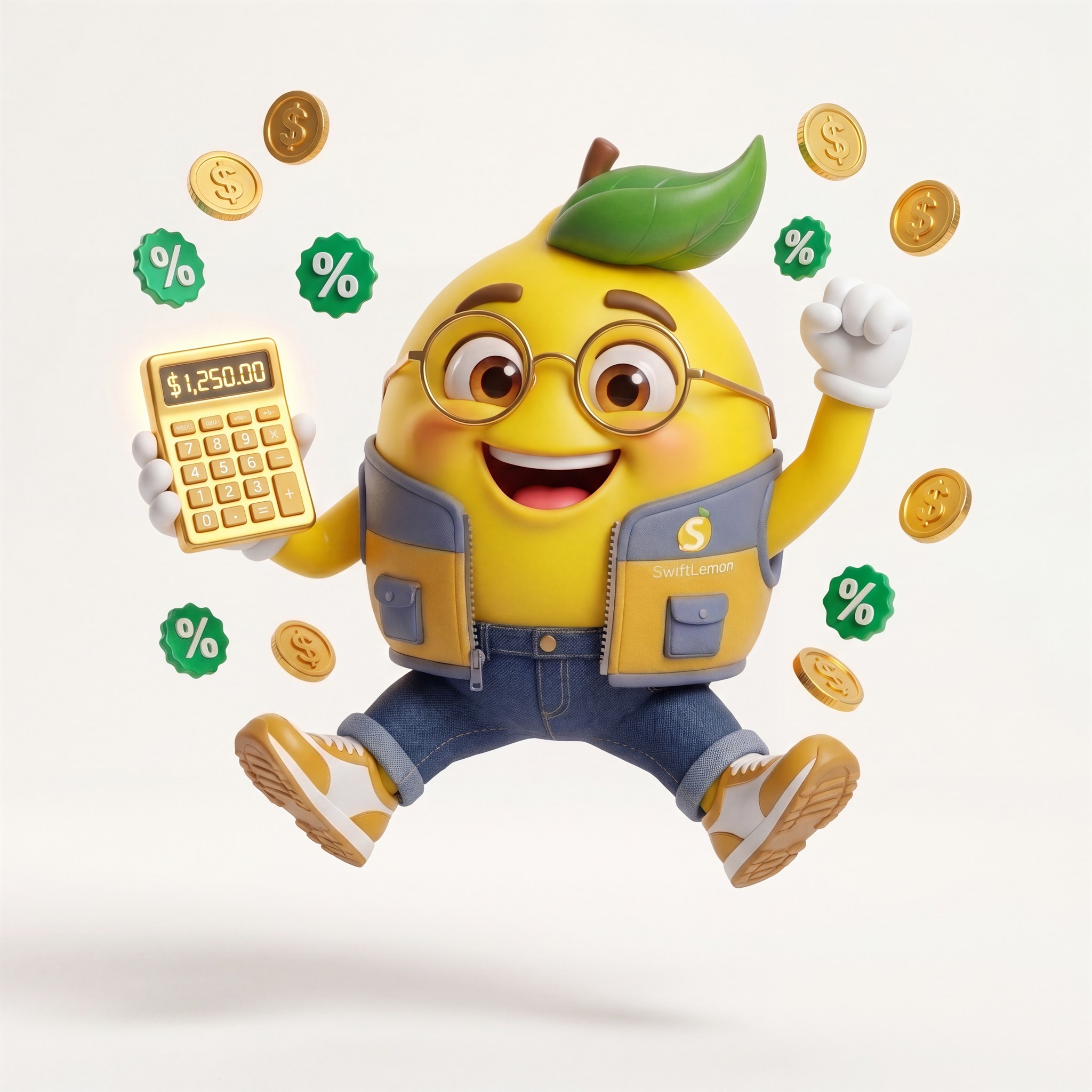 SwiftLemon mascot leaping in victory holding a glowing gold calculator with swirling dollar coins
